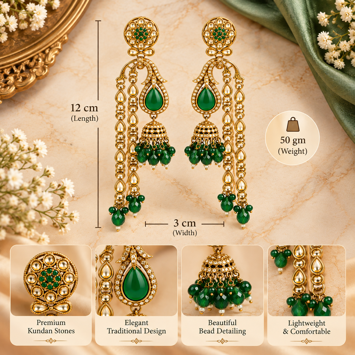 Aarvika Traditional Long Chandelier Jhumka Earrings, Green
