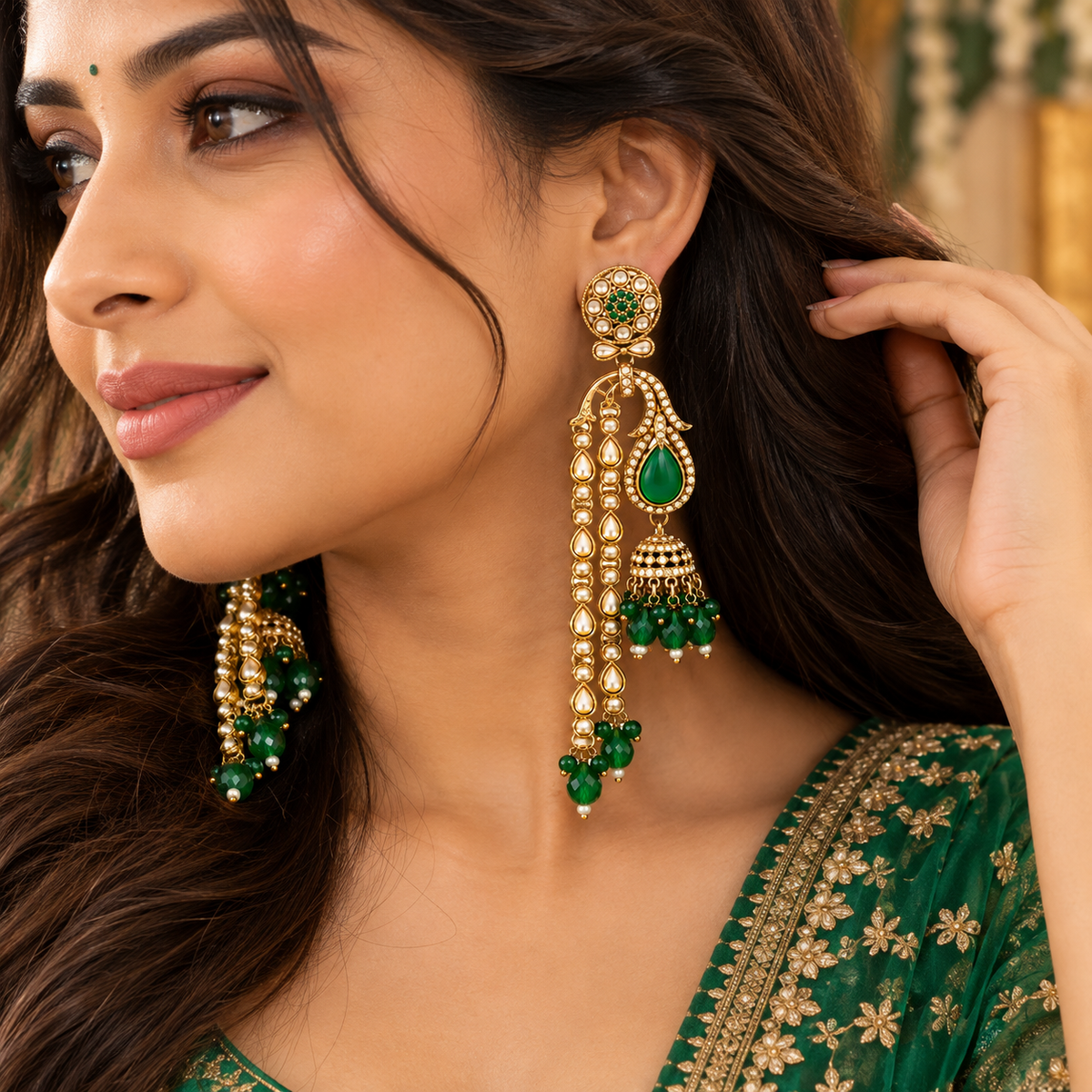 Aarvika Traditional Long Chandelier Jhumka Earrings, Green