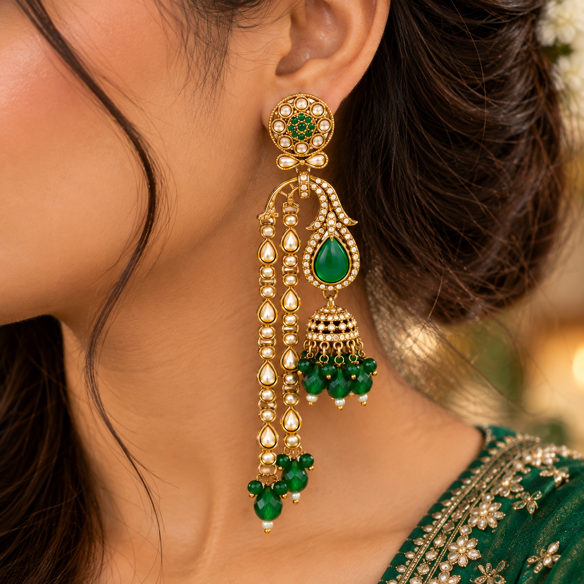 Aarvika Traditional Long Chandelier Jhumka Earrings, Green