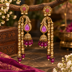Aarvika Traditional Long Chandelier Jhumka Earrings, Magenta