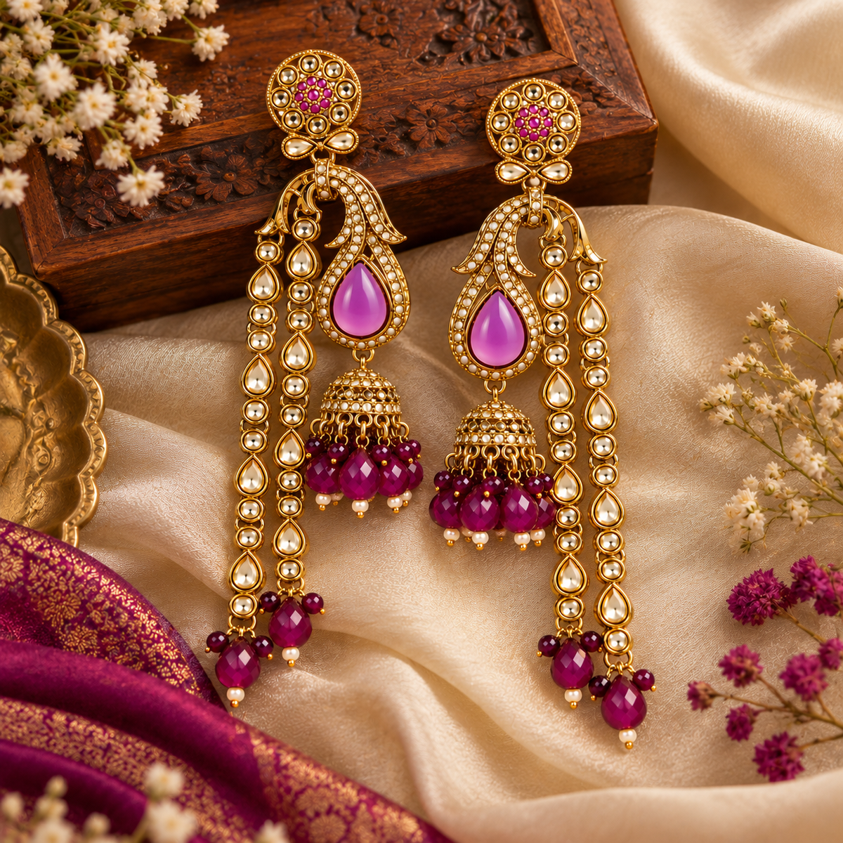 Aarvika Traditional Long Chandelier Jhumka Earrings, Magenta