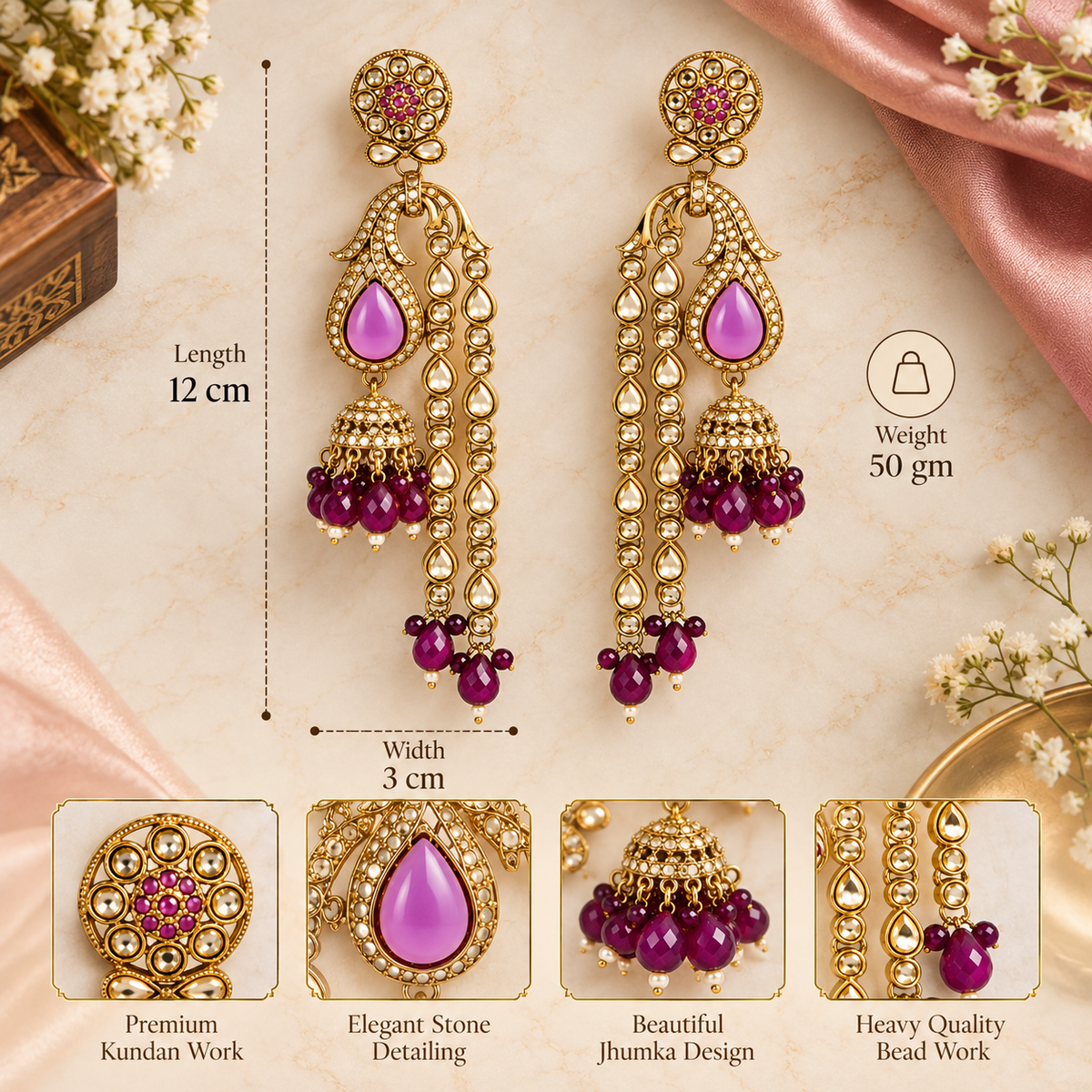 Aarvika Traditional Long Chandelier Jhumka Earrings, Magenta