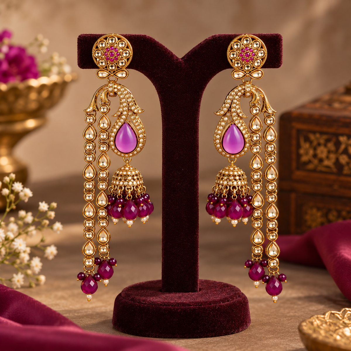 Aarvika Traditional Long Chandelier Jhumka Earrings, Magenta