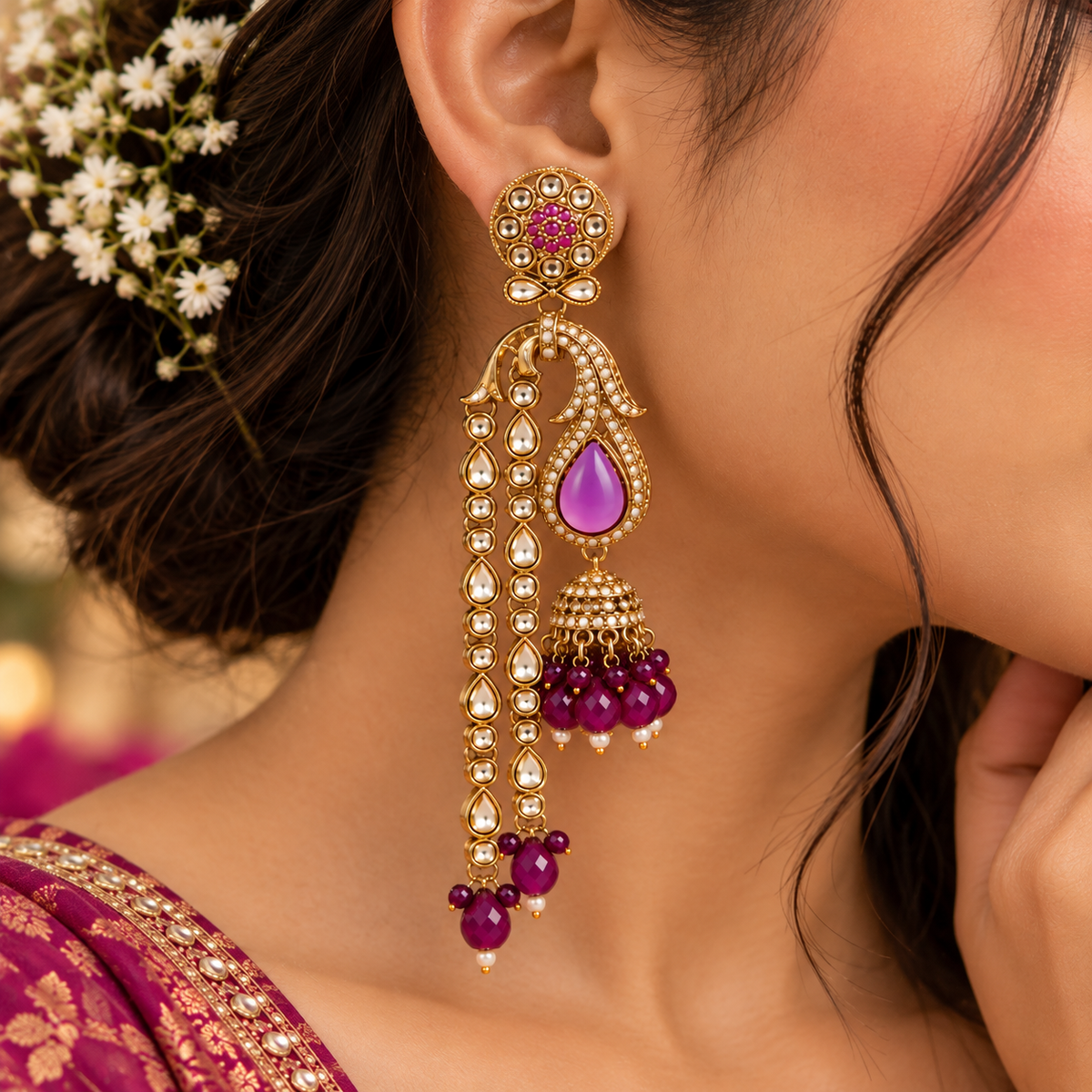 Aarvika Traditional Long Chandelier Jhumka Earrings, Magenta