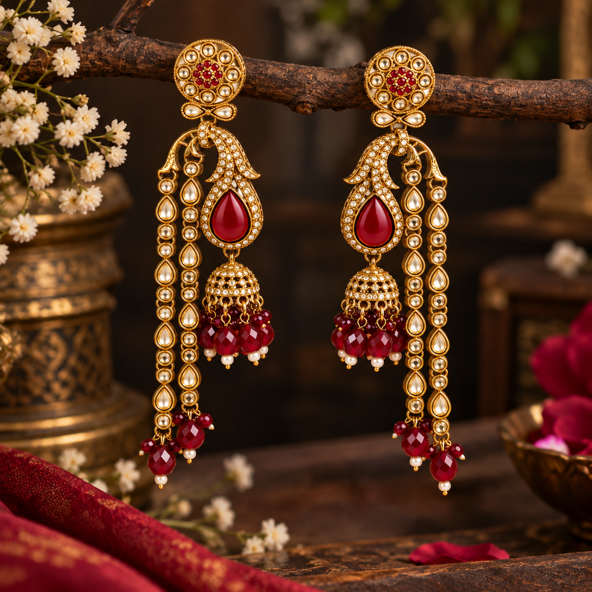 Aarvika Traditional Long Chandelier Jhumka Earrings, Maroon