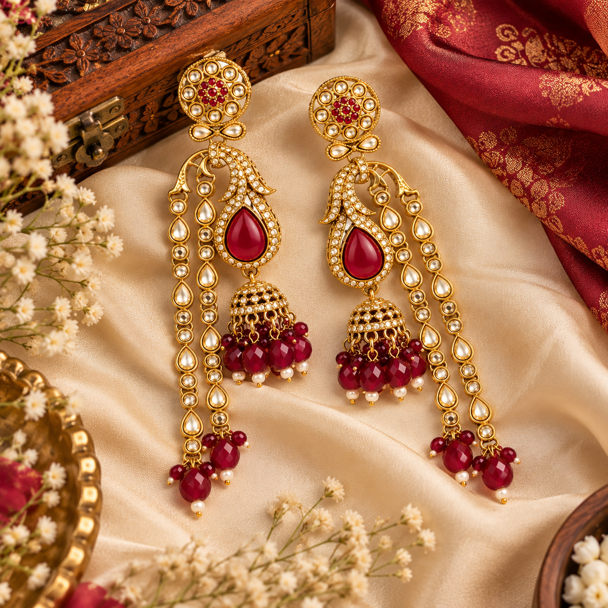 Aarvika Traditional Long Chandelier Jhumka Earrings, Maroon