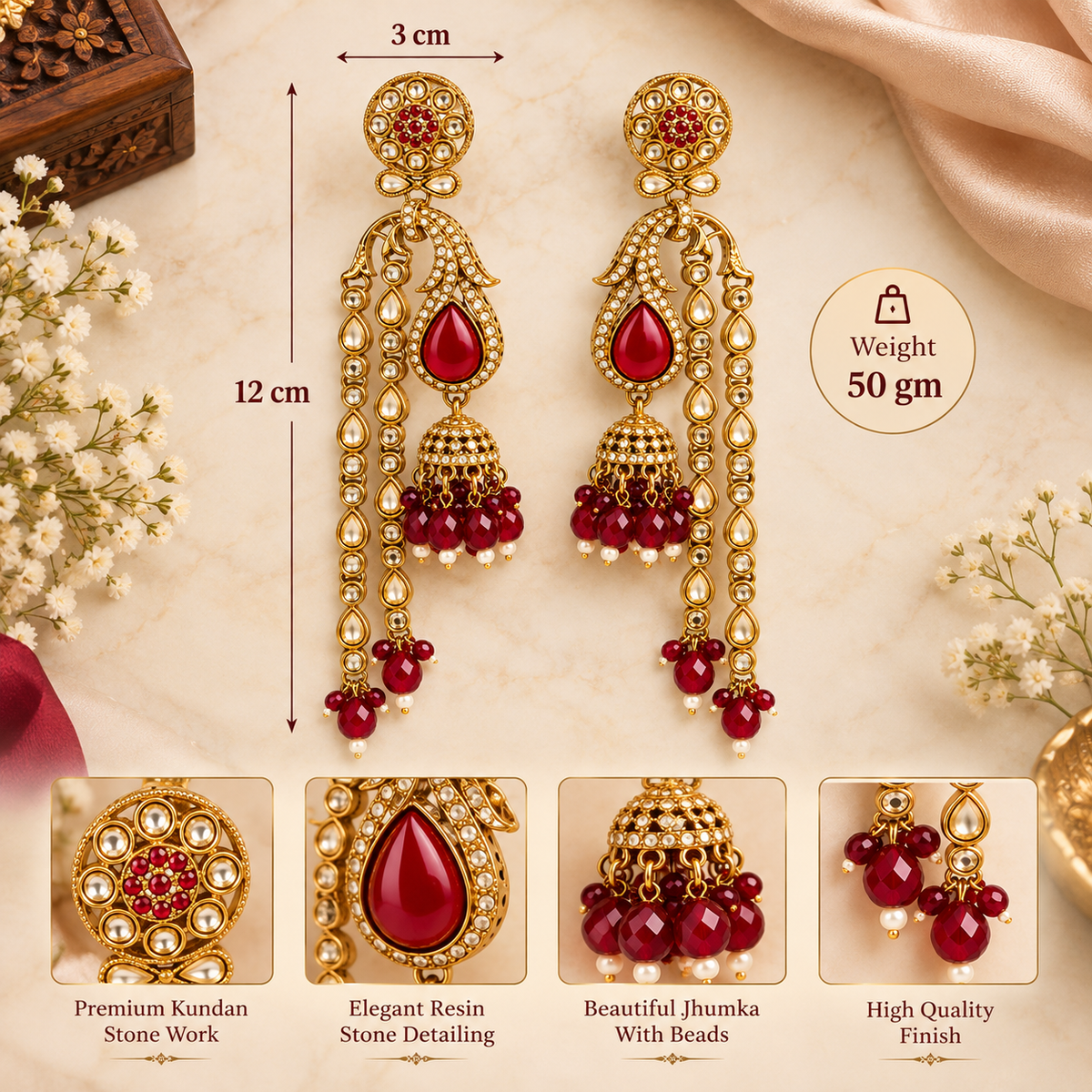 Aarvika Traditional Long Chandelier Jhumka Earrings, Maroon
