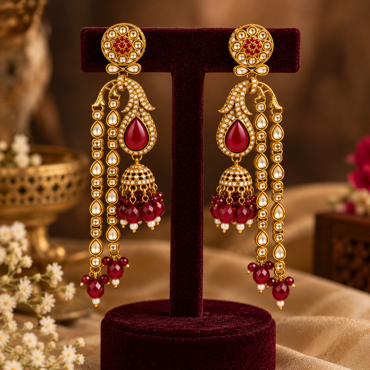 Aarvika Traditional Long Chandelier Jhumka Earrings, Maroon