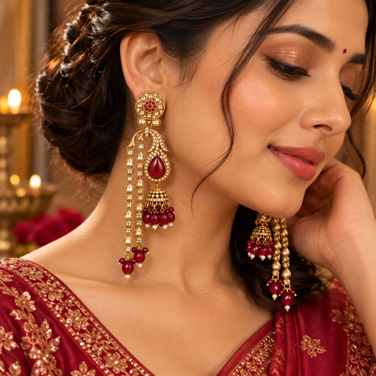 Aarvika Traditional Long Chandelier Jhumka Earrings, Maroon