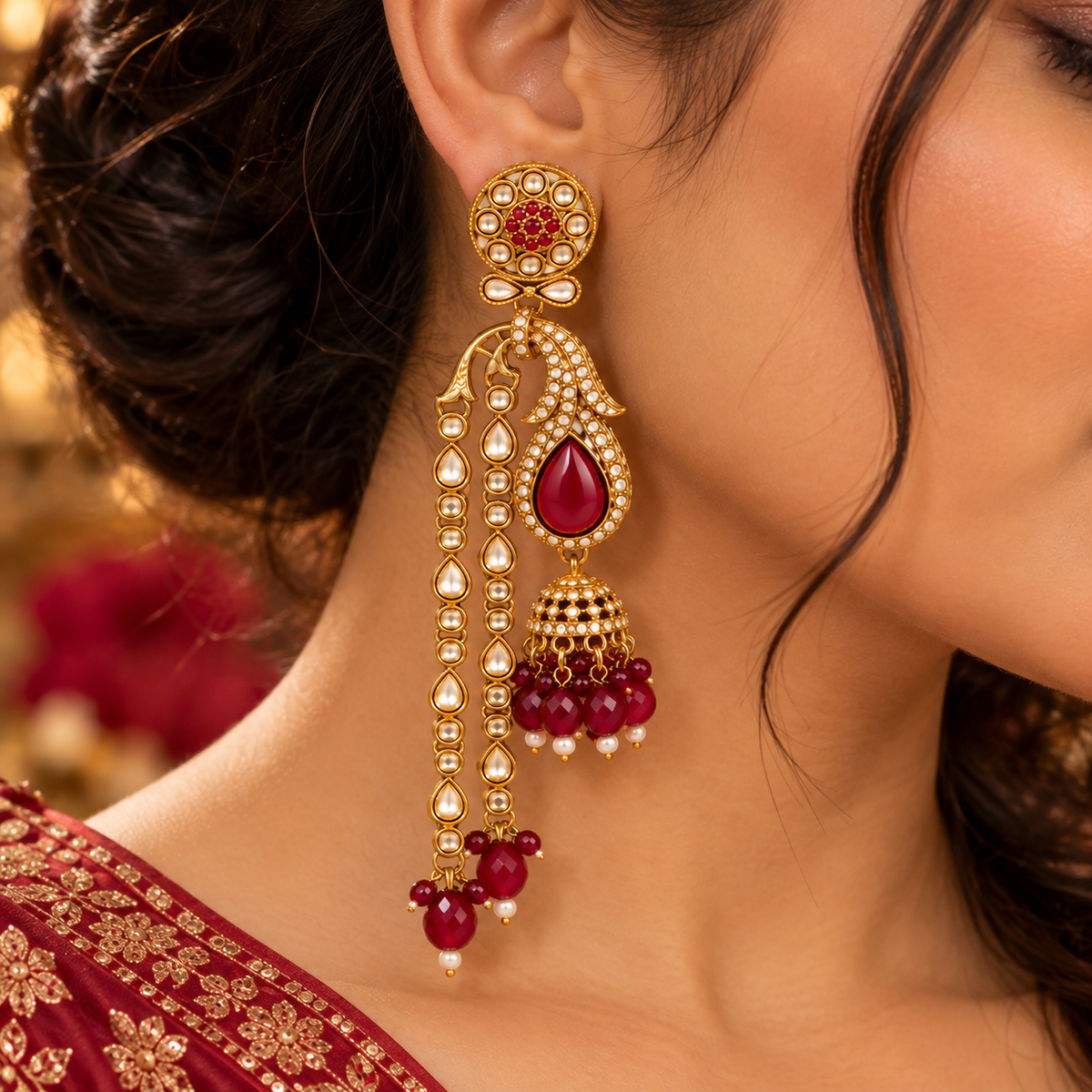 Aarvika Traditional Long Chandelier Jhumka Earrings, Maroon