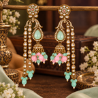 Aarvika Traditional Long Chandelier Jhumka Earrings, Mint-Pink