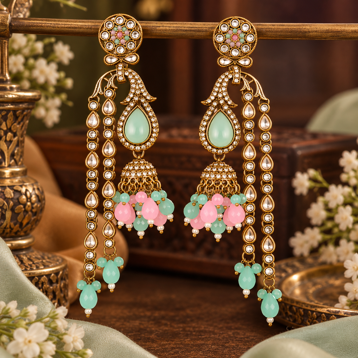 Aarvika Traditional Long Chandelier Jhumka Earrings, Mint-Pink