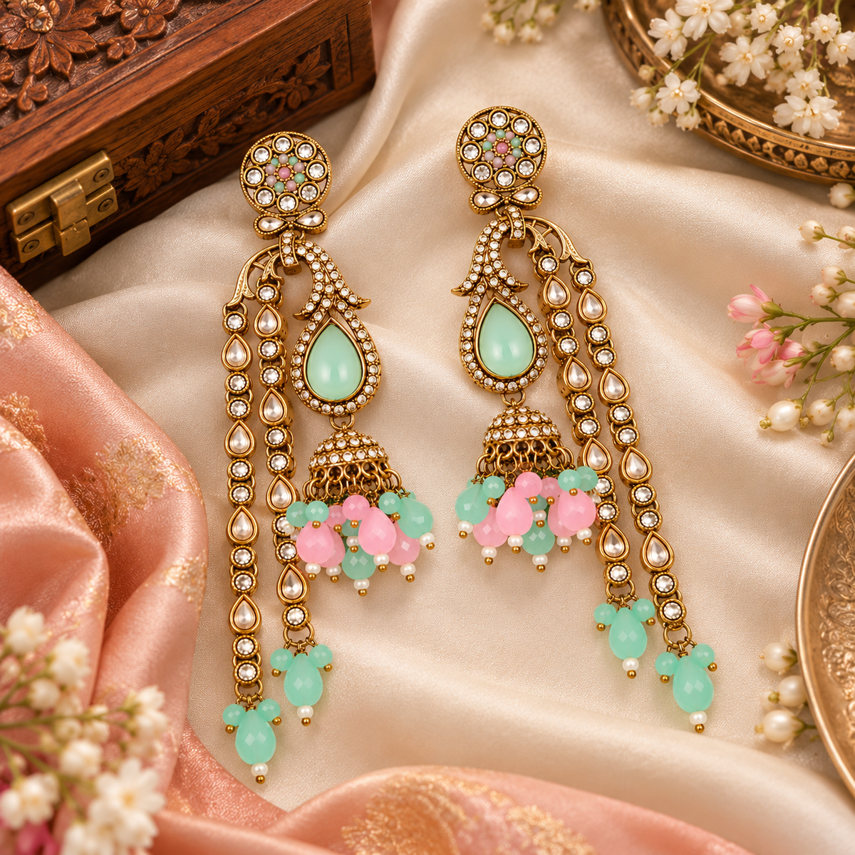 Aarvika Traditional Long Chandelier Jhumka Earrings, Mint-Pink