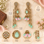 Aarvika Traditional Long Chandelier Jhumka Earrings, Mint-Pink