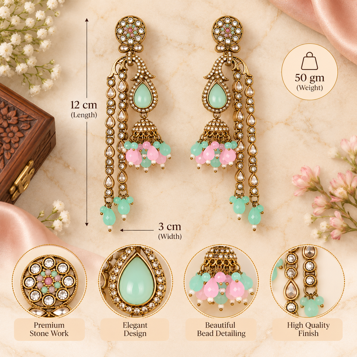 Aarvika Traditional Long Chandelier Jhumka Earrings, Mint-Pink