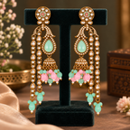 Aarvika Traditional Long Chandelier Jhumka Earrings, Mint-Pink