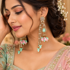 Aarvika Traditional Long Chandelier Jhumka Earrings, Mint-Pink