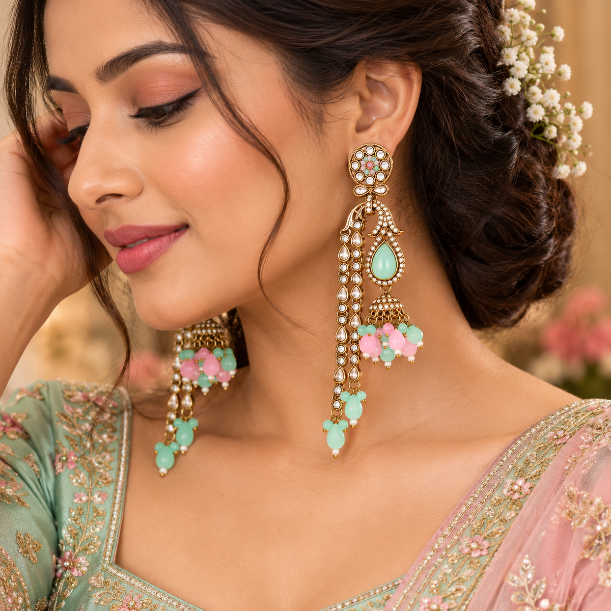 Aarvika Traditional Long Chandelier Jhumka Earrings, Mint-Pink