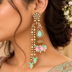 Aarvika Traditional Long Chandelier Jhumka Earrings, Mint-Pink