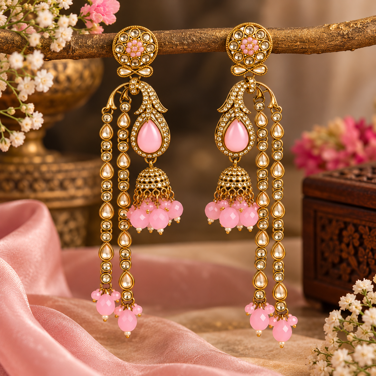 Aarvika Traditional Long Chandelier Jhumka Earrings, Pink