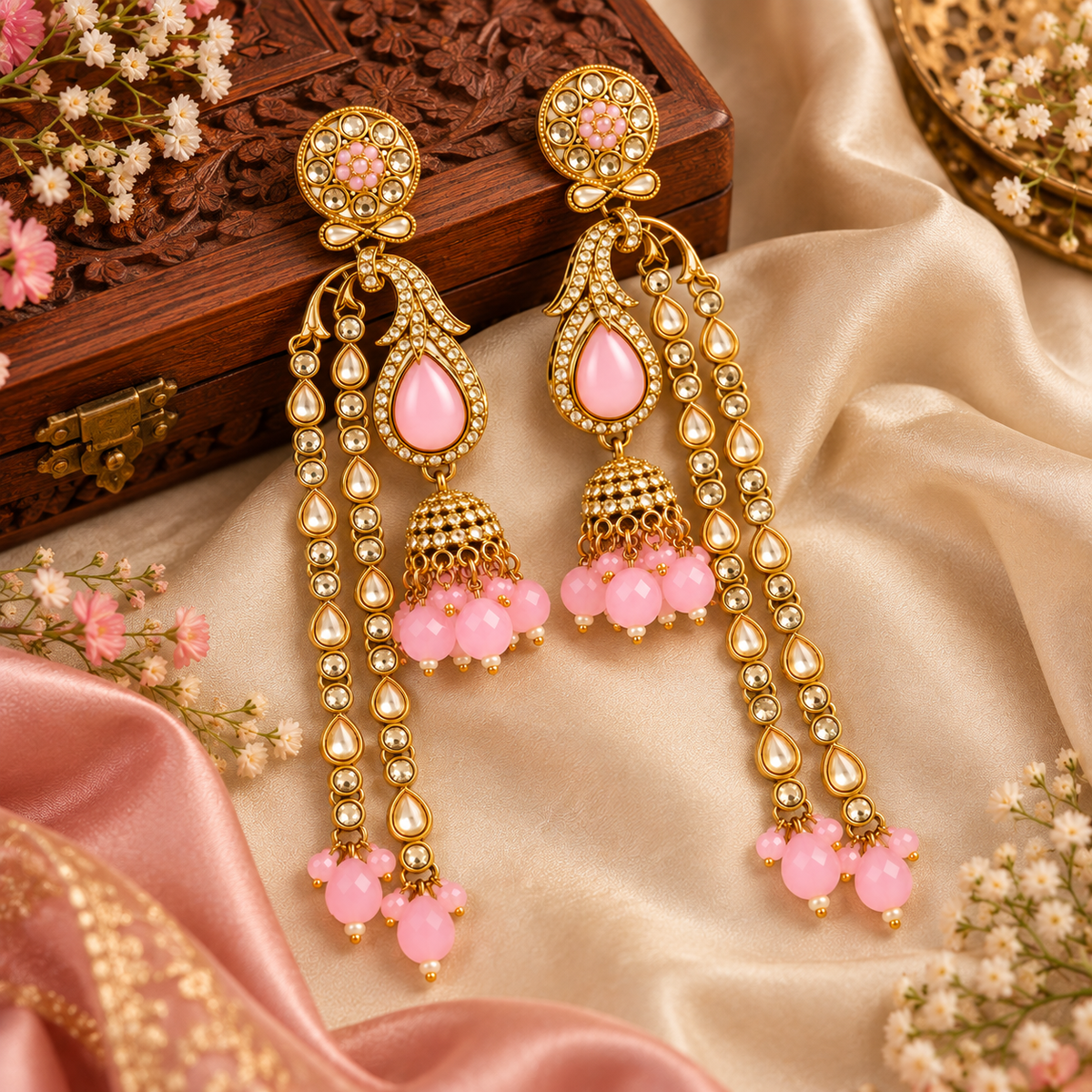 Aarvika Traditional Long Chandelier Jhumka Earrings, Pink