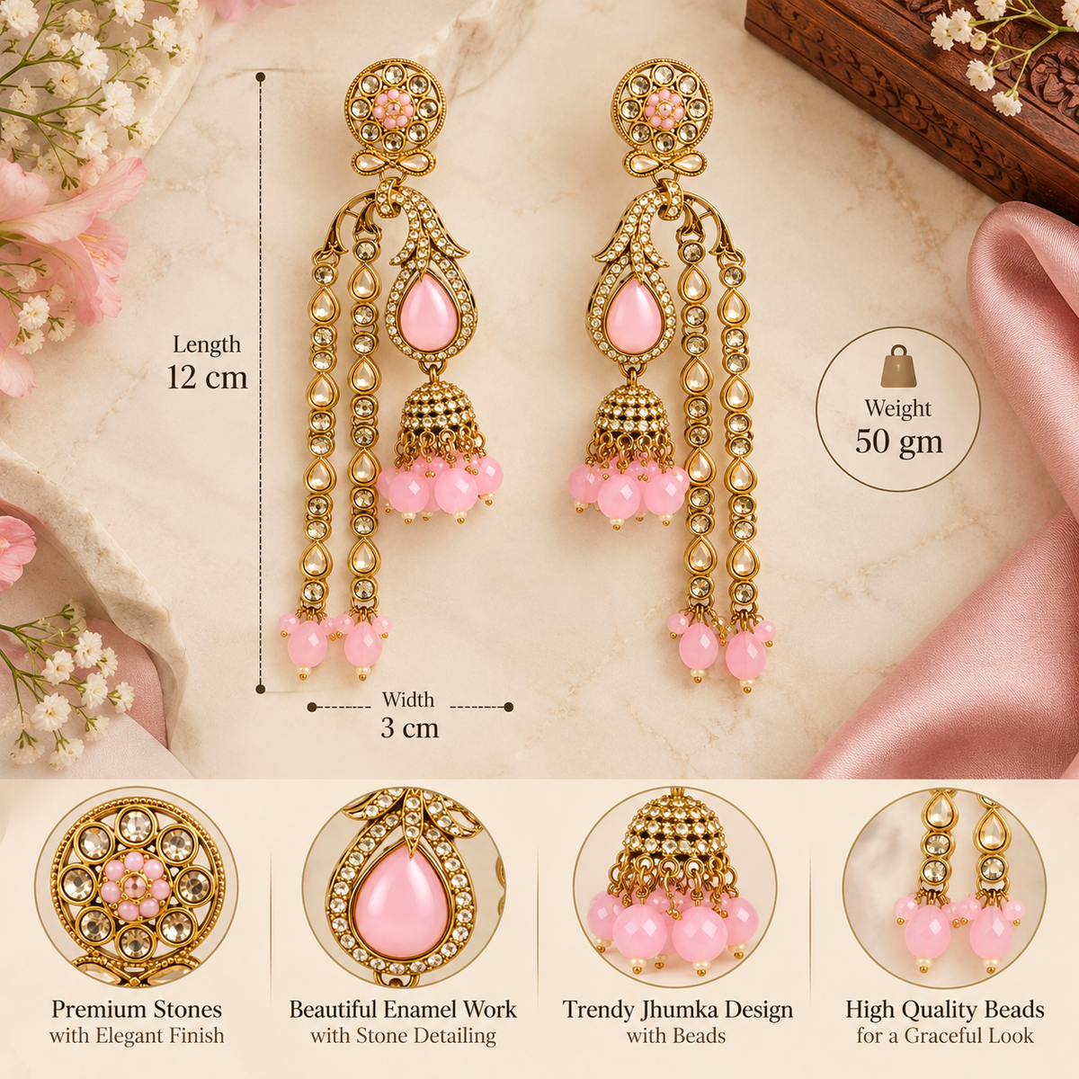 Aarvika Traditional Long Chandelier Jhumka Earrings, Pink