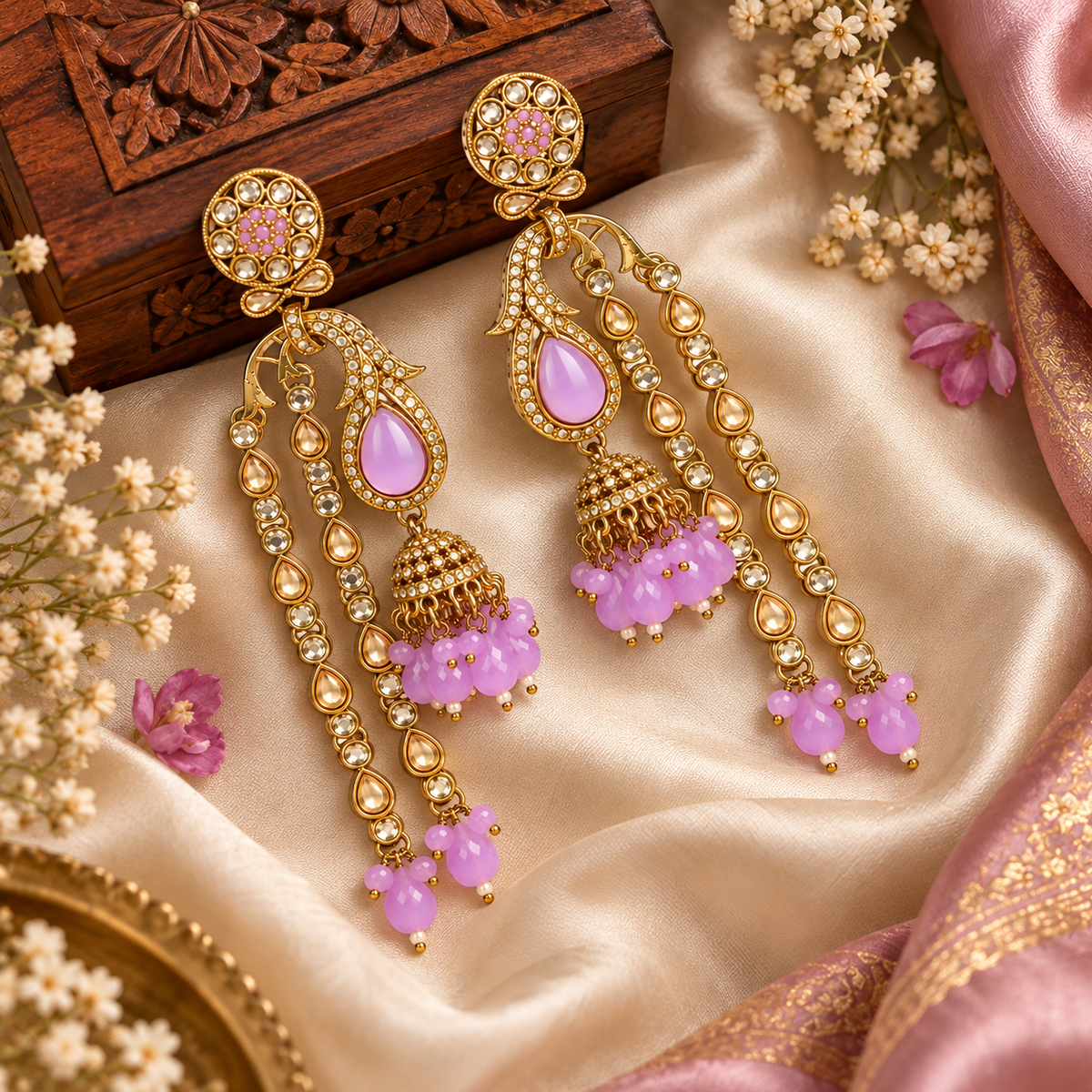 Aarvika Traditional Long Chandelier Jhumka Earrings, Purple