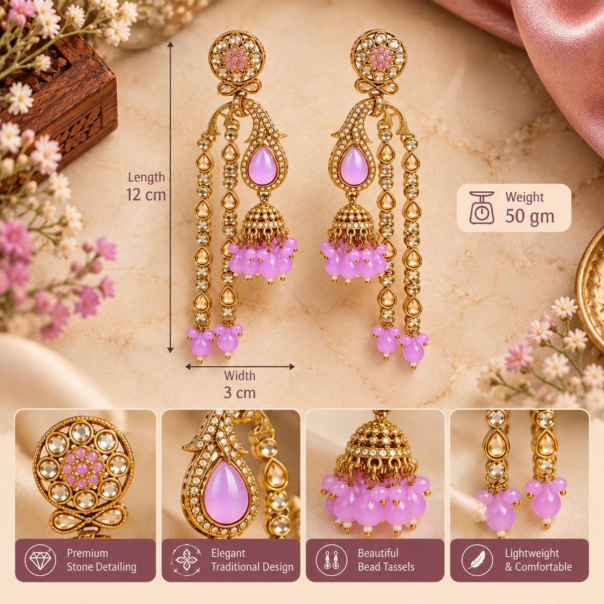 Aarvika Traditional Long Chandelier Jhumka Earrings, Purple