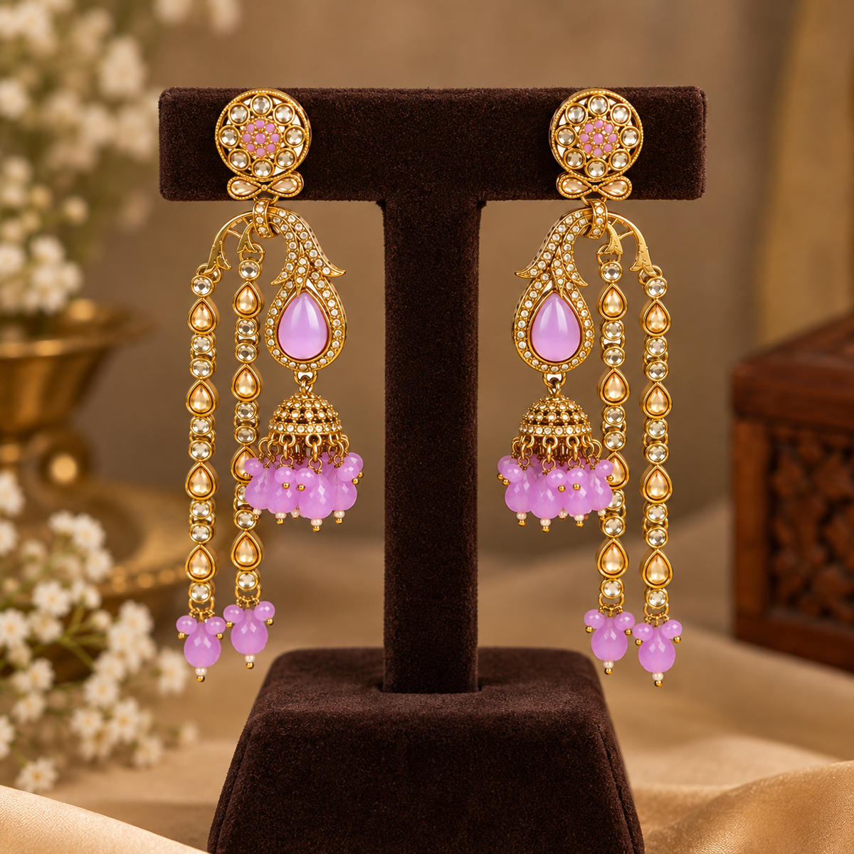 Aarvika Traditional Long Chandelier Jhumka Earrings, Purple
