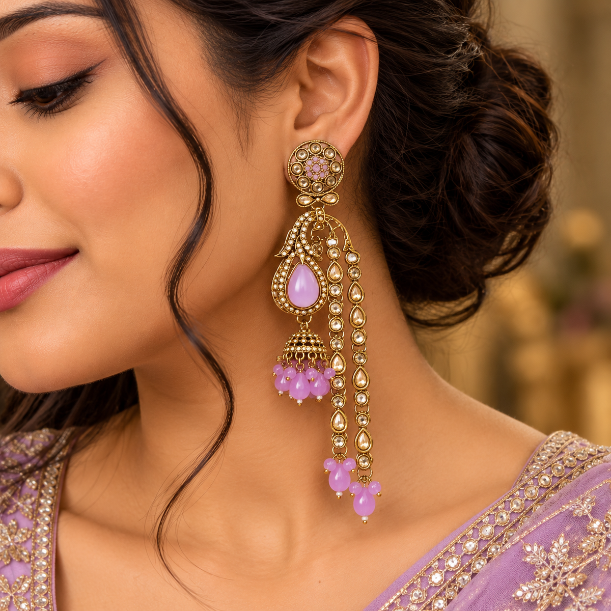 Aarvika Traditional Long Chandelier Jhumka Earrings, Purple
