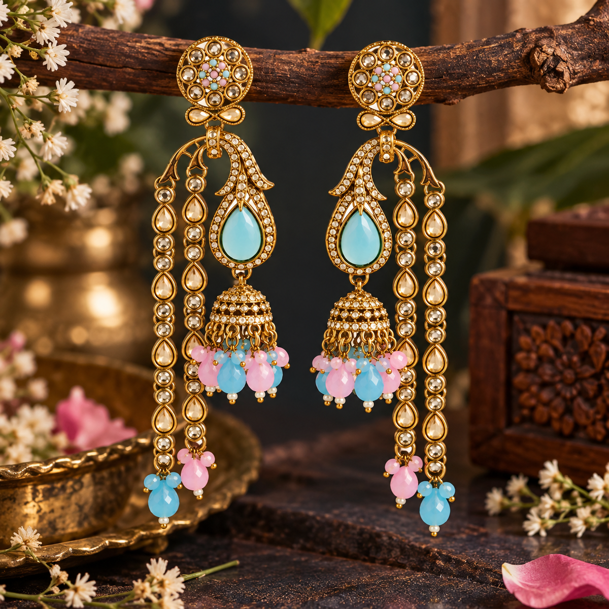 Aarvika Traditional Long Chandelier Jhumka Earrings, Turquoise-Pink â Turquoise Pink