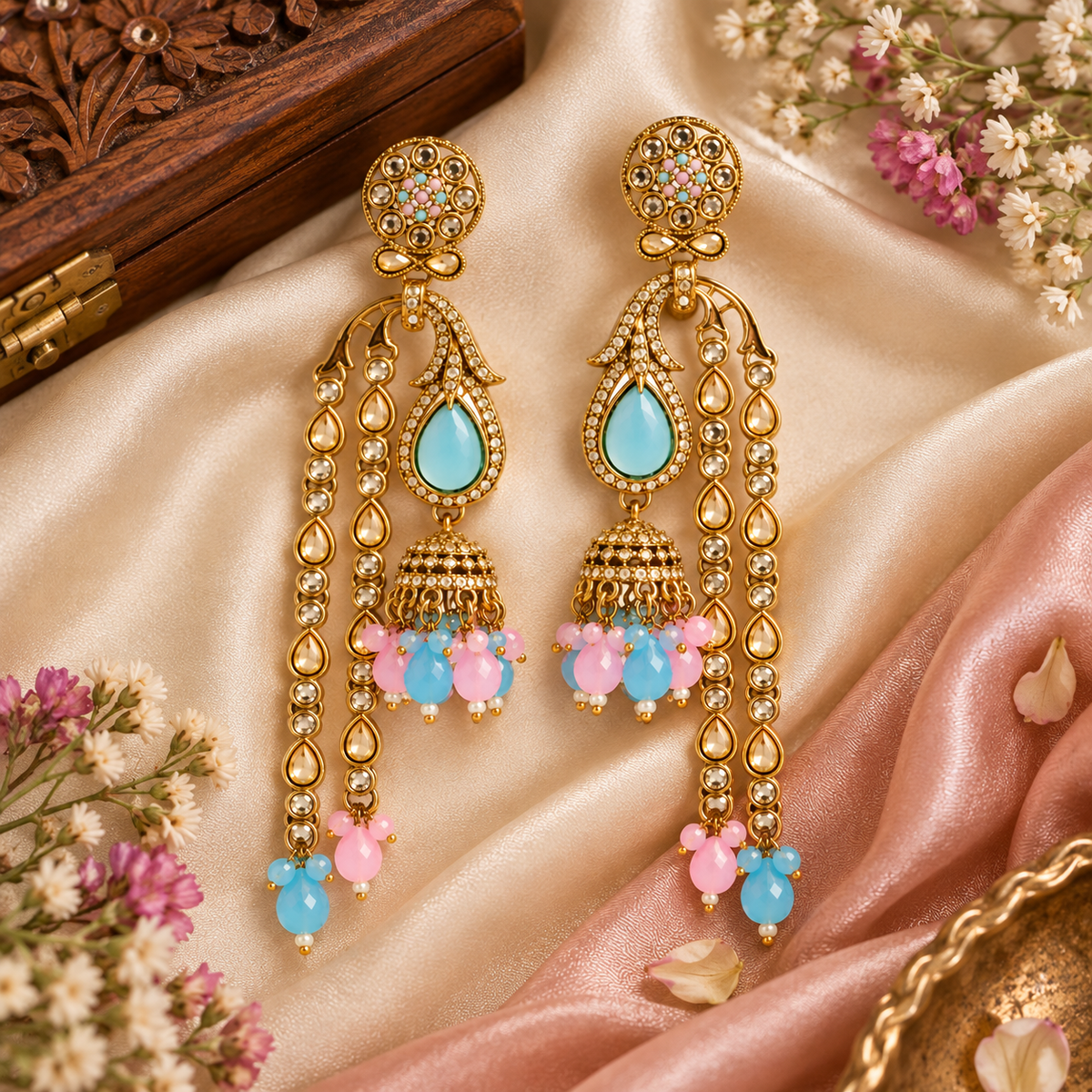 Aarvika Traditional Long Chandelier Jhumka Earrings, Turquoise-Pink â Turquoise Pink
