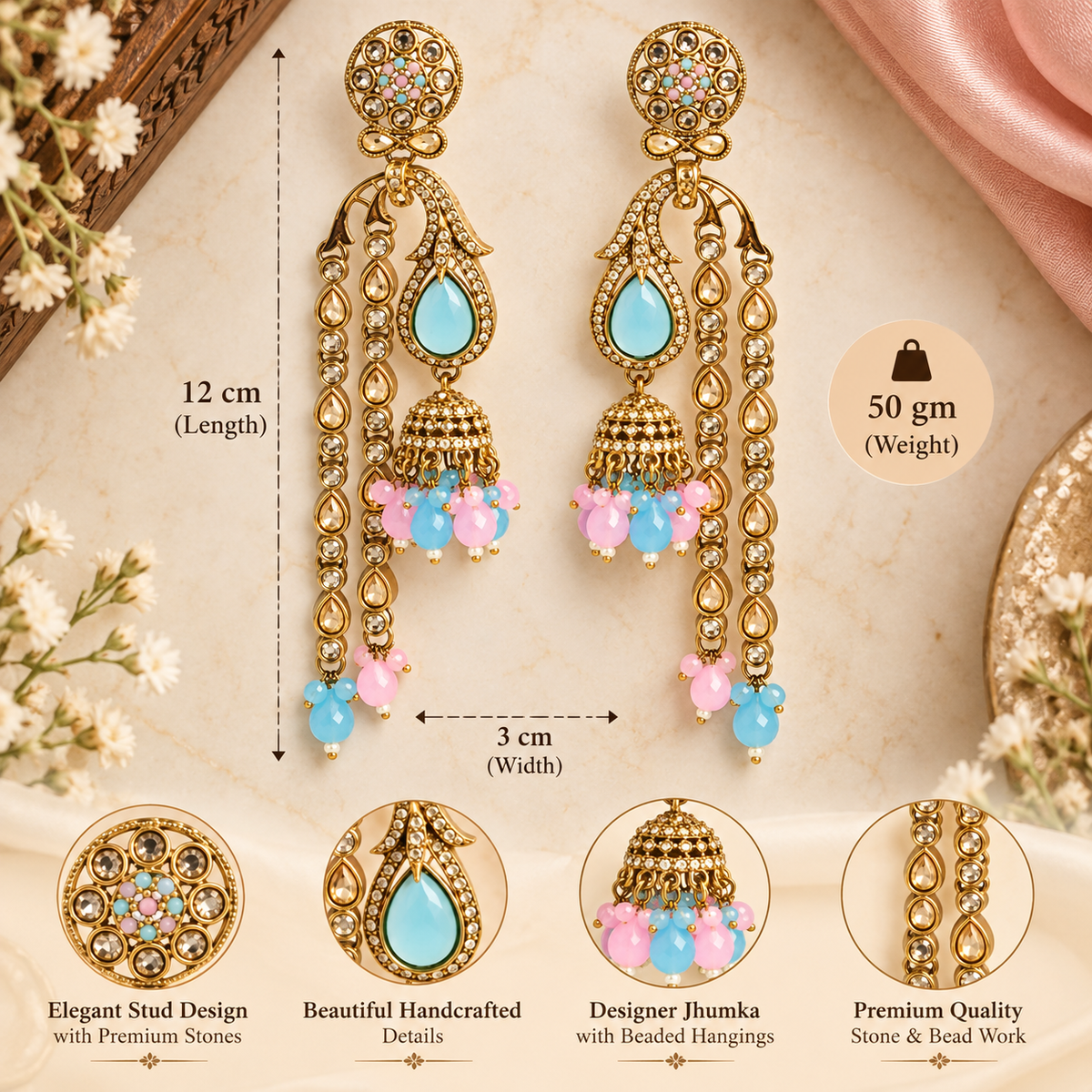 Aarvika Traditional Long Chandelier Jhumka Earrings, Turquoise-Pink â Turquoise Pink
