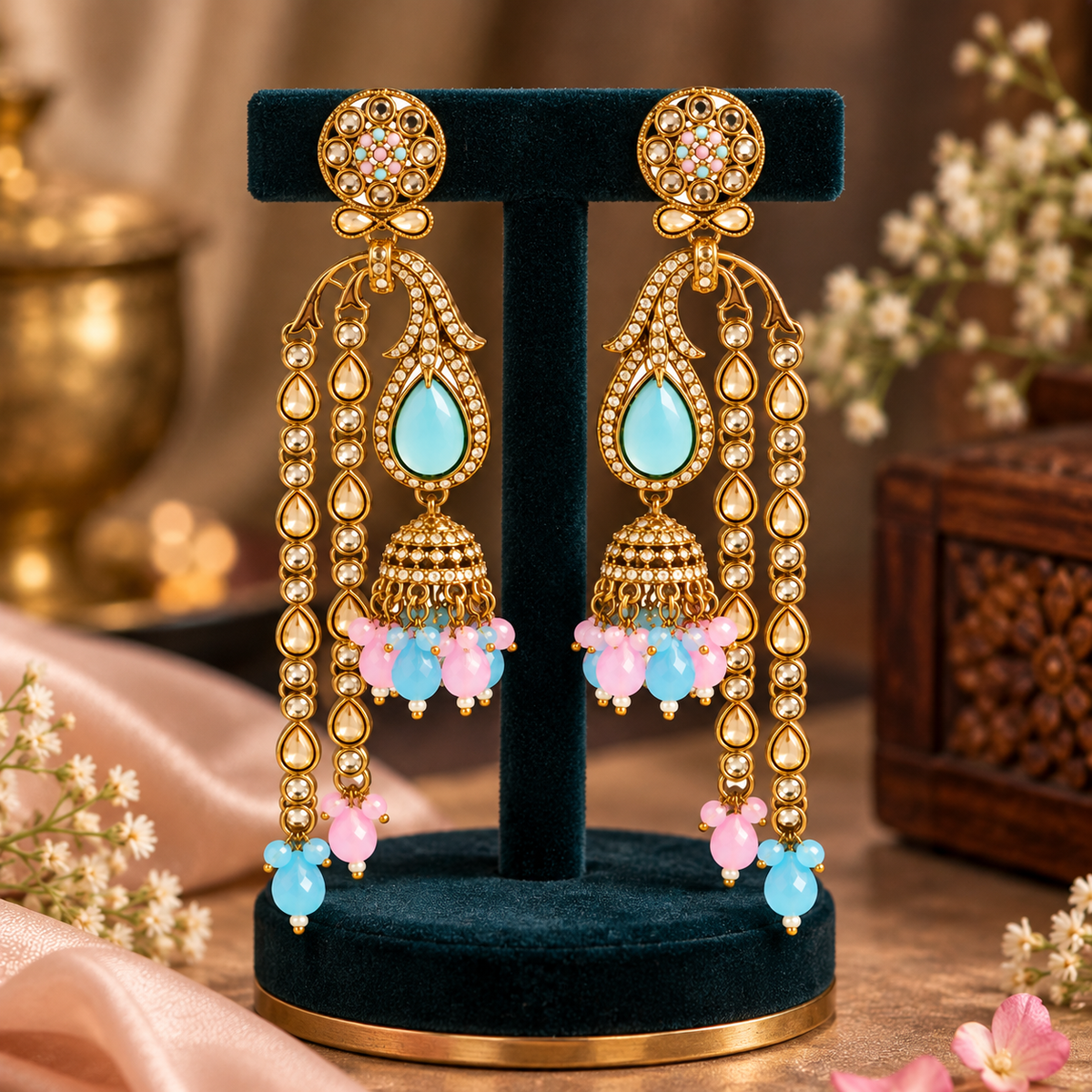 Aarvika Traditional Long Chandelier Jhumka Earrings, Turquoise-Pink â Turquoise Pink