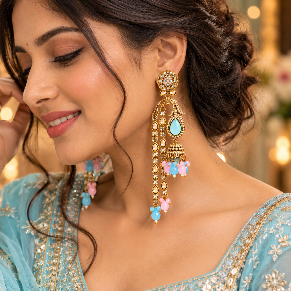 Aarvika Traditional Long Chandelier Jhumka Earrings, Turquoise-Pink â Turquoise Pink