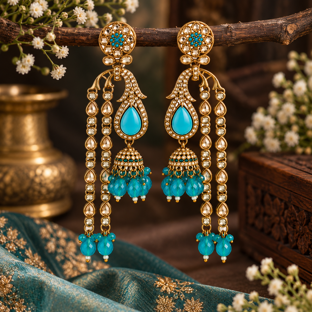 Aarvika Traditional Long Chandelier Jhumka Earrings, Turquoise