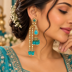 Aarvika Traditional Long Chandelier Jhumka Earrings, Turquoise