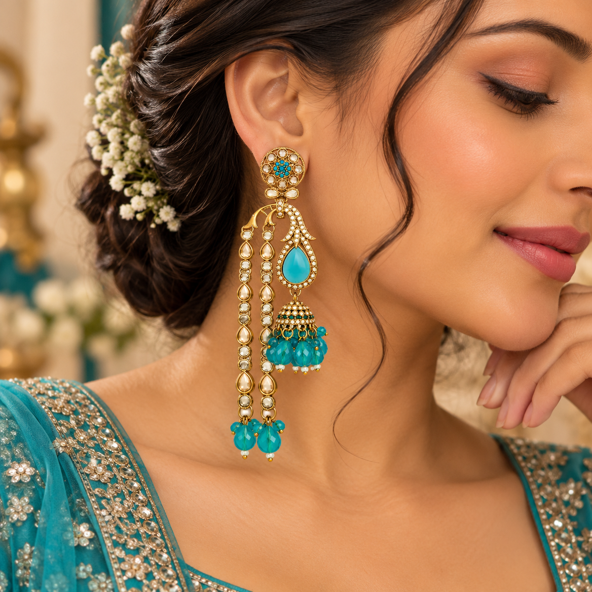 Aarvika Traditional Long Chandelier Jhumka Earrings, Turquoise