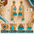 Aarvika Traditional Long Chandelier Jhumka Earrings, Turquoise