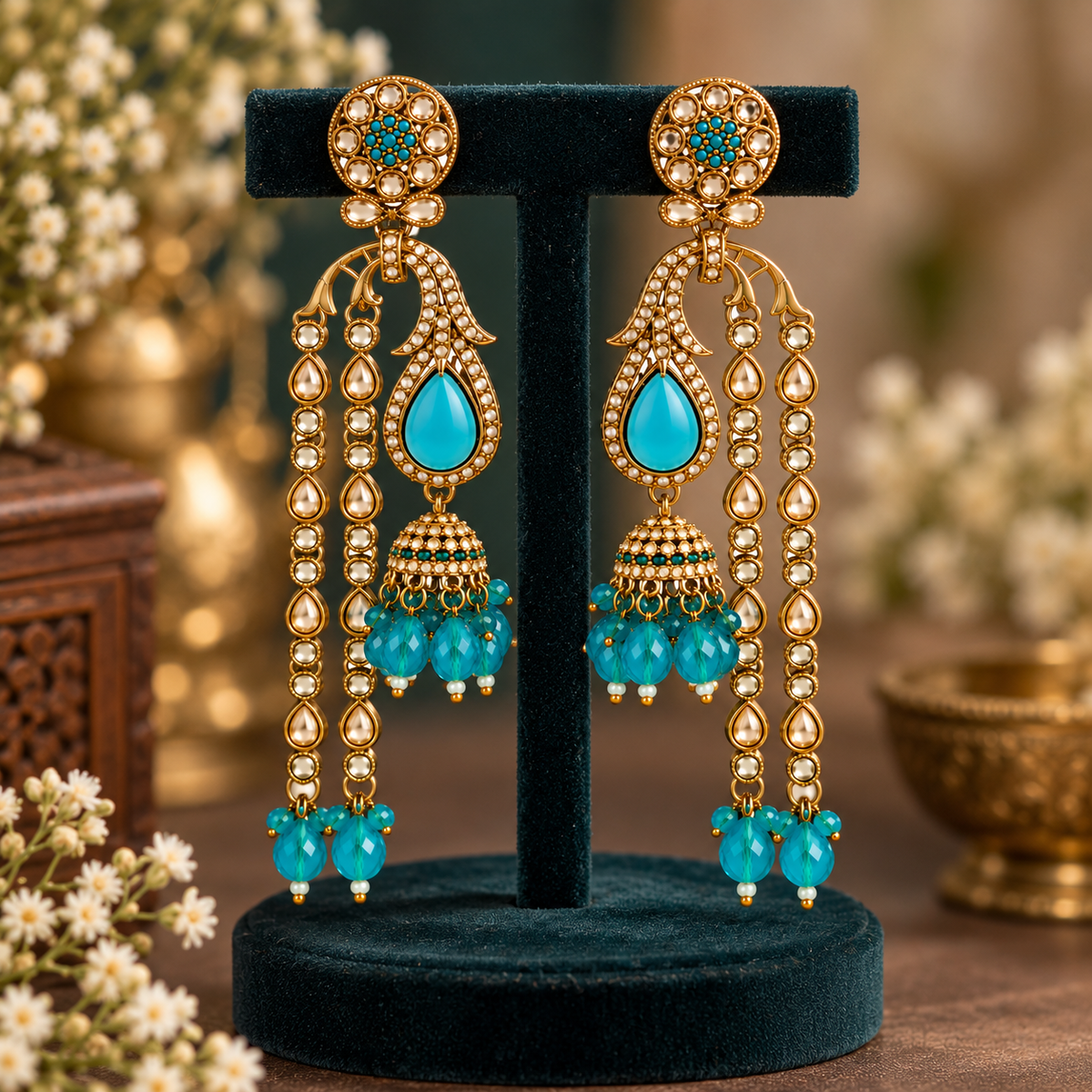 Aarvika Traditional Long Chandelier Jhumka Earrings, Turquoise