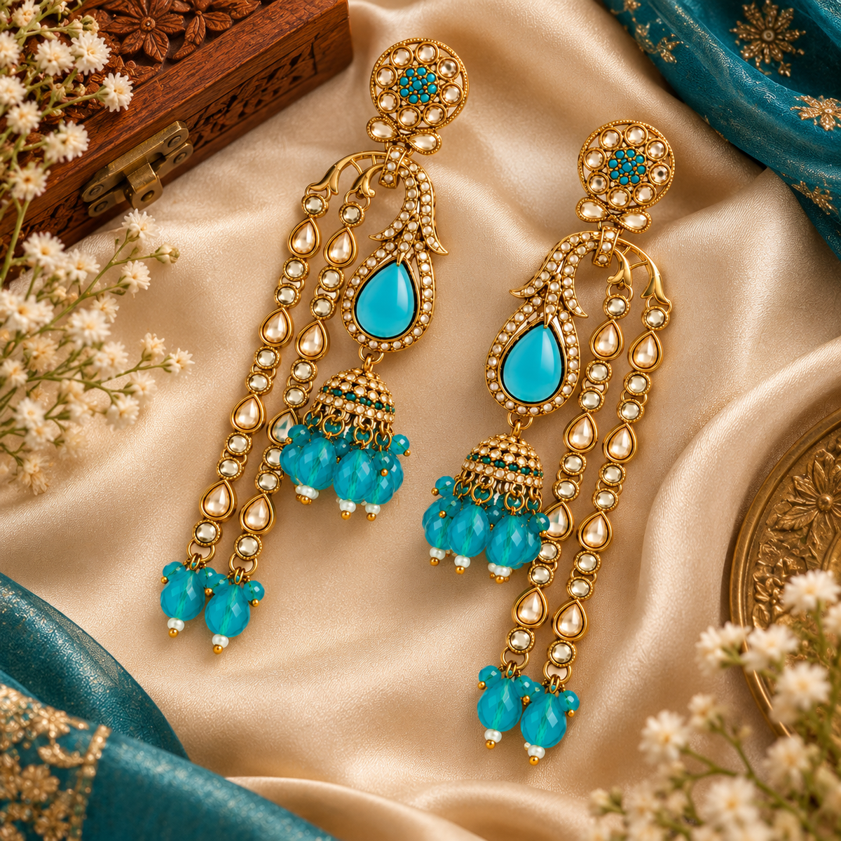 Aarvika Traditional Long Chandelier Jhumka Earrings, Turquoise