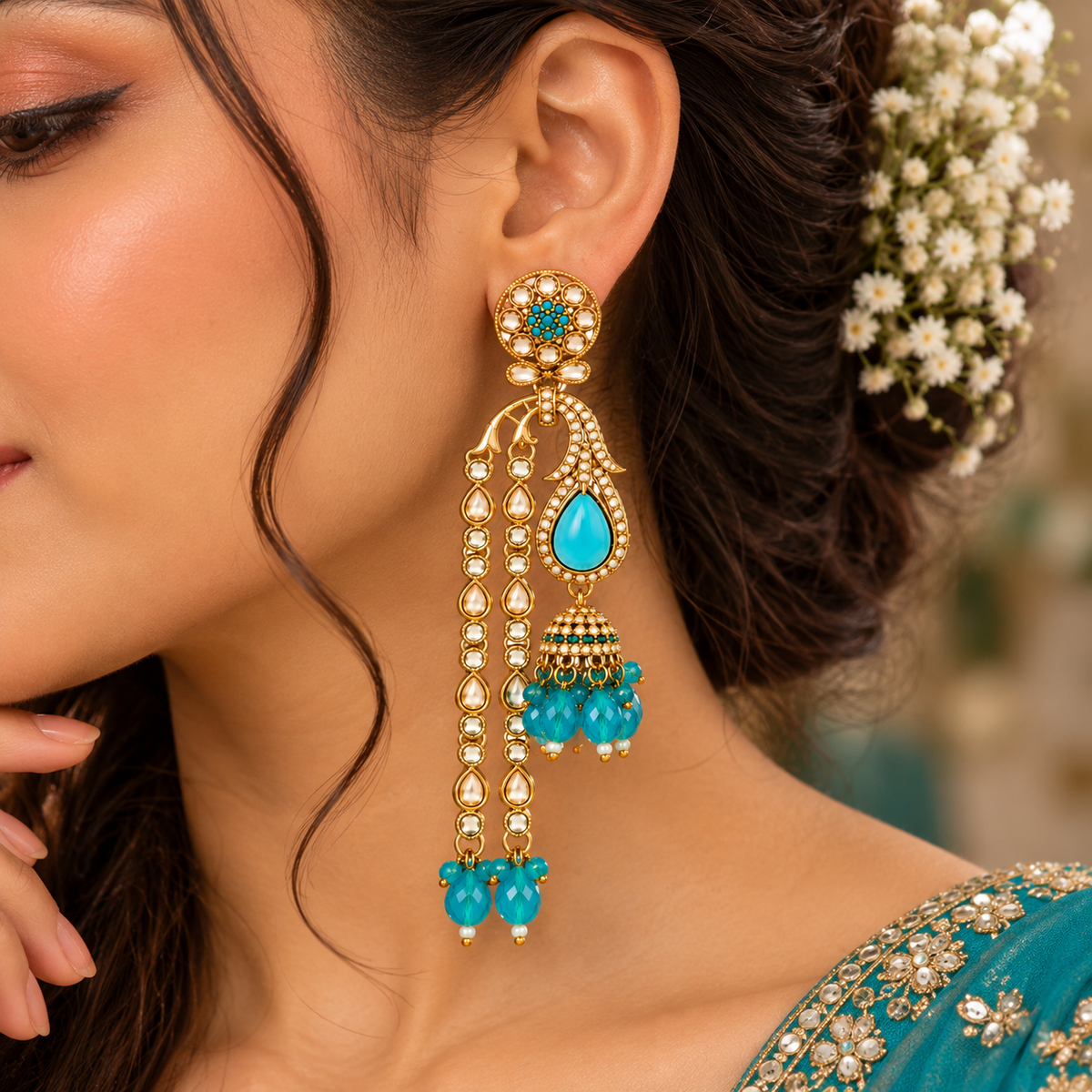 Aarvika Traditional Long Chandelier Jhumka Earrings, Turquoise