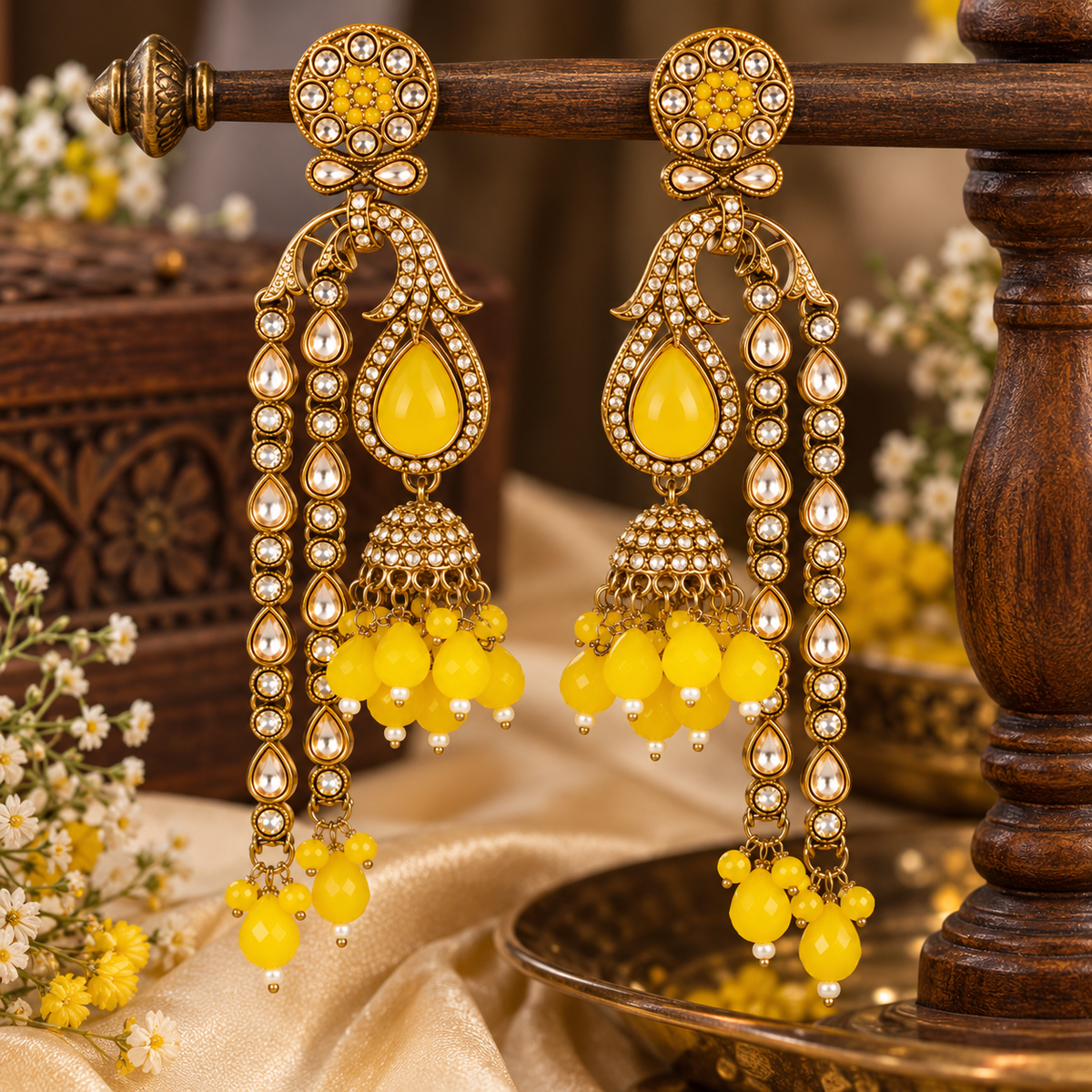 Aarvika Traditional Long Chandelier Jhumka Earrings, Yellow