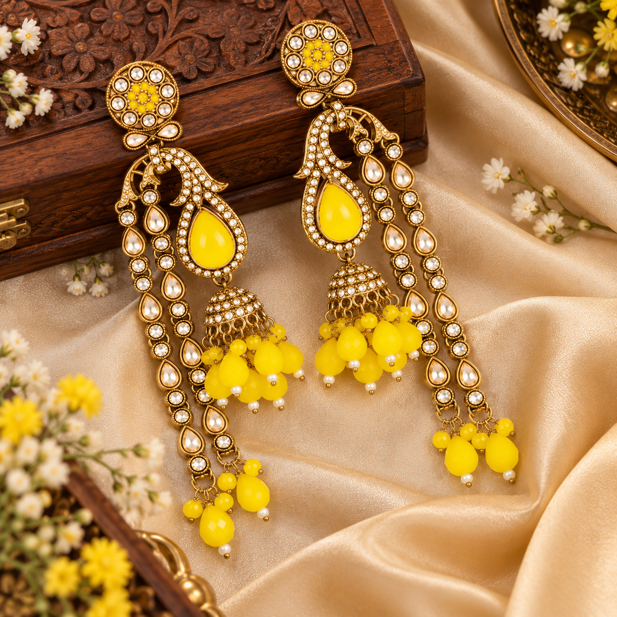 Aarvika Traditional Long Chandelier Jhumka Earrings, Yellow