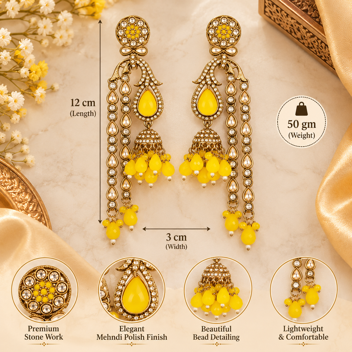 Aarvika Traditional Long Chandelier Jhumka Earrings, Yellow