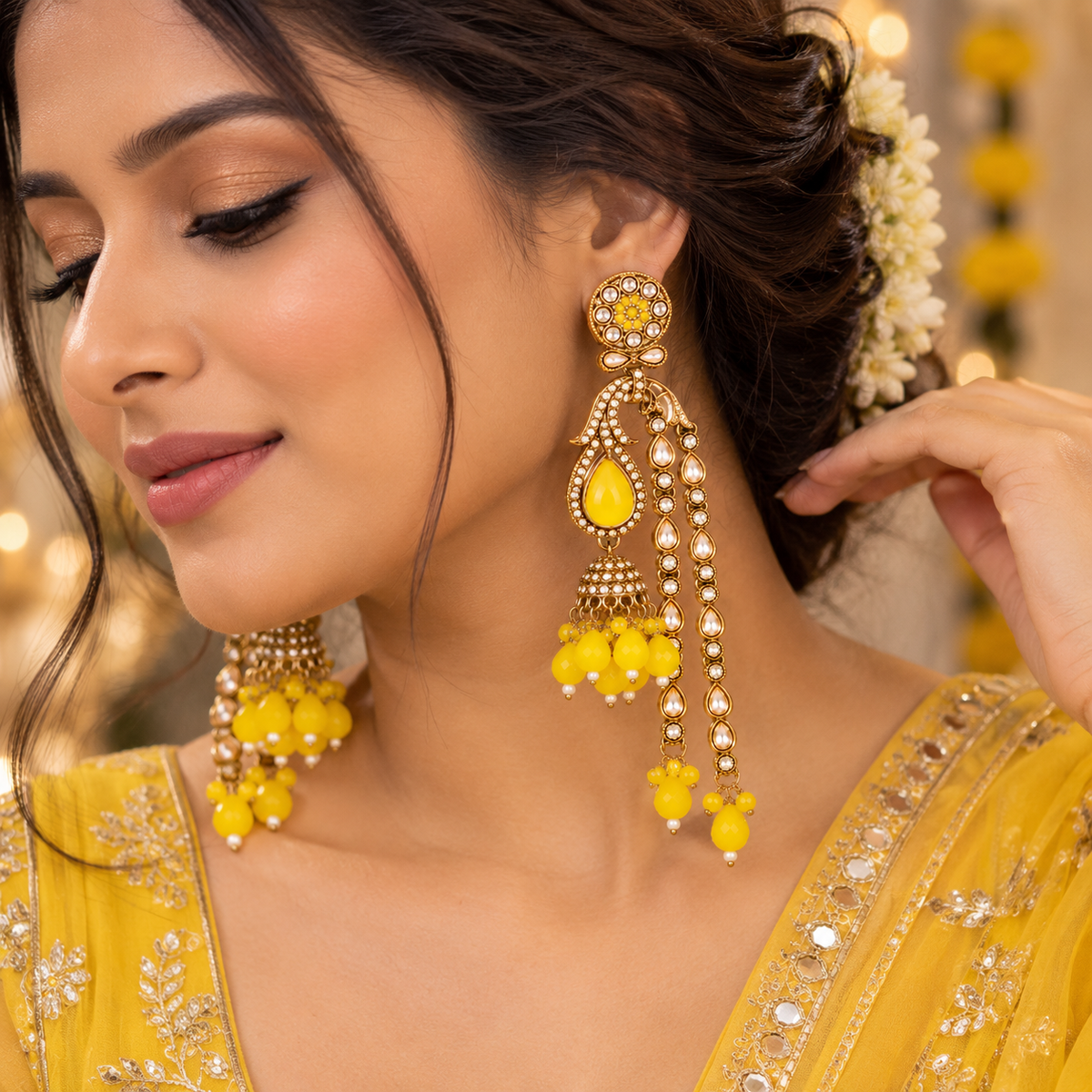 Aarvika Traditional Long Chandelier Jhumka Earrings, Yellow