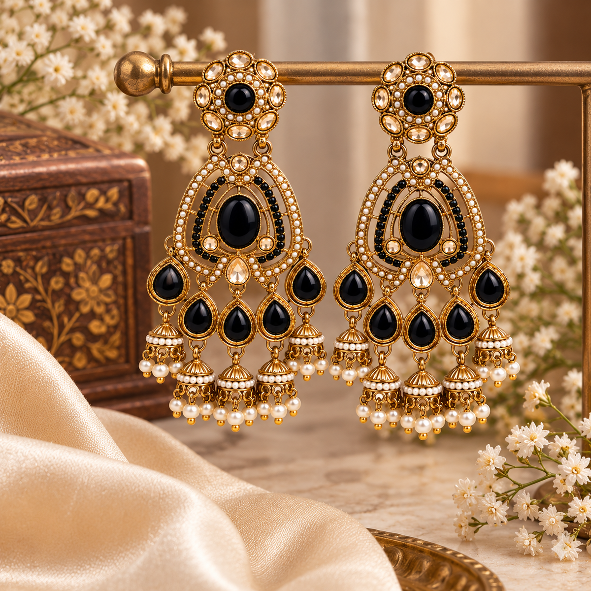 Aarvika Kundan Style Long Chandelier Earrings with Pearl Bead Drops, Black