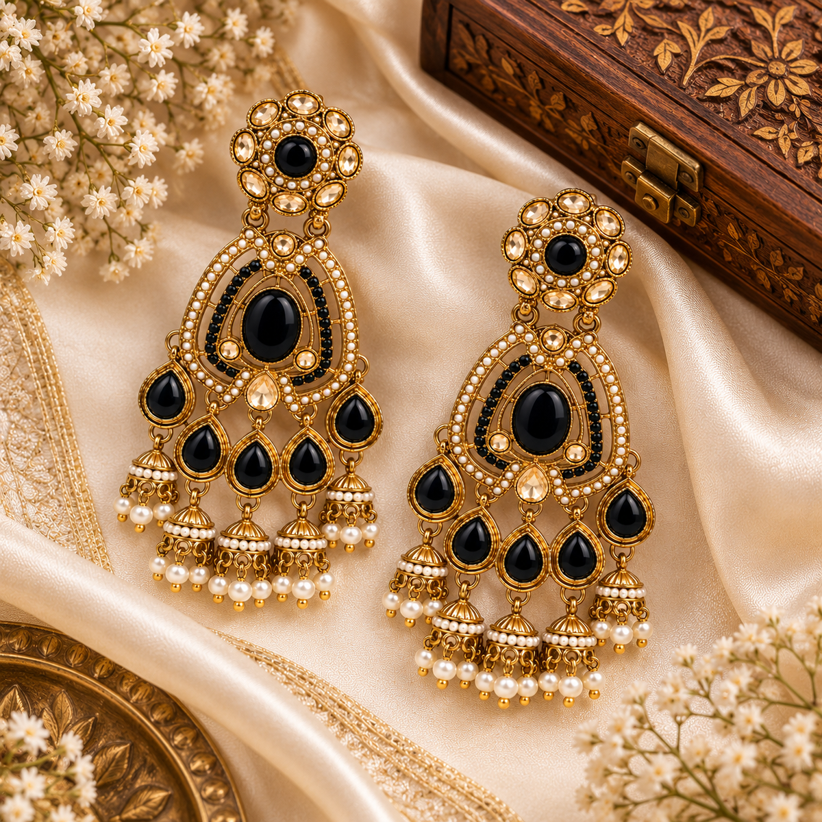 Aarvika Kundan Style Long Chandelier Earrings with Pearl Bead Drops, Black
