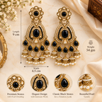 Aarvika Kundan Style Long Chandelier Earrings with Pearl Bead Drops, Black