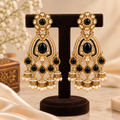 Aarvika Kundan Style Long Chandelier Earrings with Pearl Bead Drops, Black